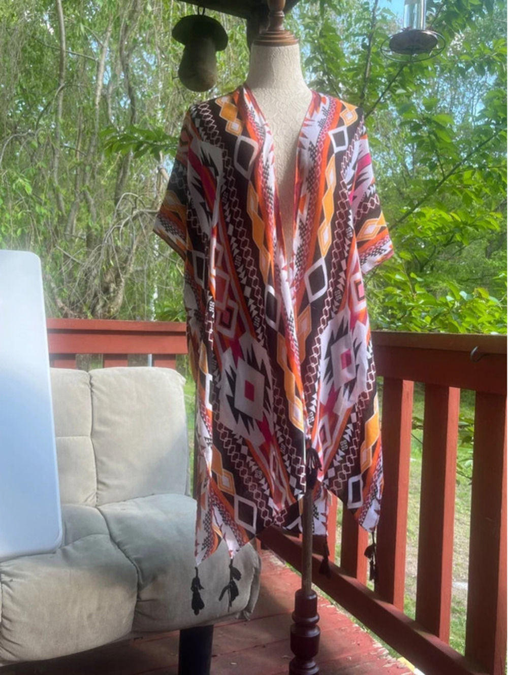 Boho Aztec Geometric Print Kimono Cover-Up with Tassels
